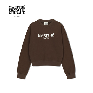 MARITHE女士字母LOGO减龄卫衣 上衣25秋冬 棕色手写风LOGO刺绣短款