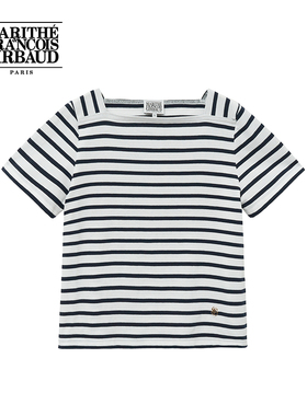 MARITHE短袖T恤潮流女士休闲舒适常规款方领条纹25年夏季韩系上衣