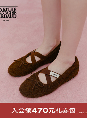 MARITHE女士绑带毛绒平底鞋 舒适保暖芭蕾风玛丽珍鞋子2025年秋冬