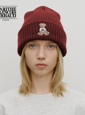 MARITHE涂鸦熊毛线帽 男女情侣舒适无檐刺绣帽子2025年秋冬韩系