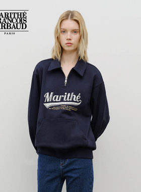 MARITHE棒球LOGO半拉链卫衣 情侣男女同款舒适休闲上衣2025年秋冬