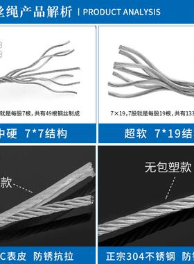不304包塑胶3钢丝绳子线QRT超软细晾衣绳粗拉线1.5245锈6钢810mm