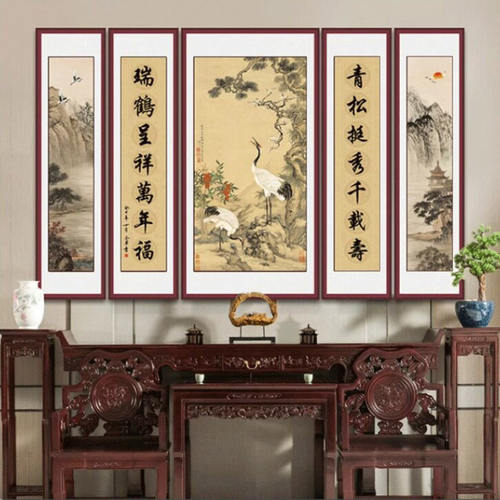 松鹤延年农村老家别墅中堂画五联