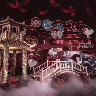 婚庆木桥婚礼舞台布置道具拱桥中式木制木纹围栏楼梯扶手栏杆舞台