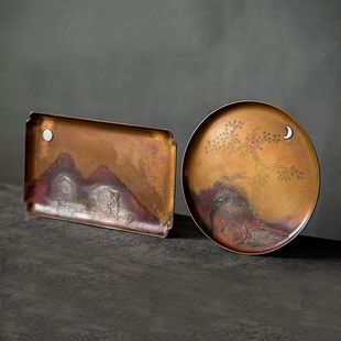 隆饮斋日式 紫铜鎏银干泡盘复古手工茶盘茶托茶垫隔热垫茶具配件