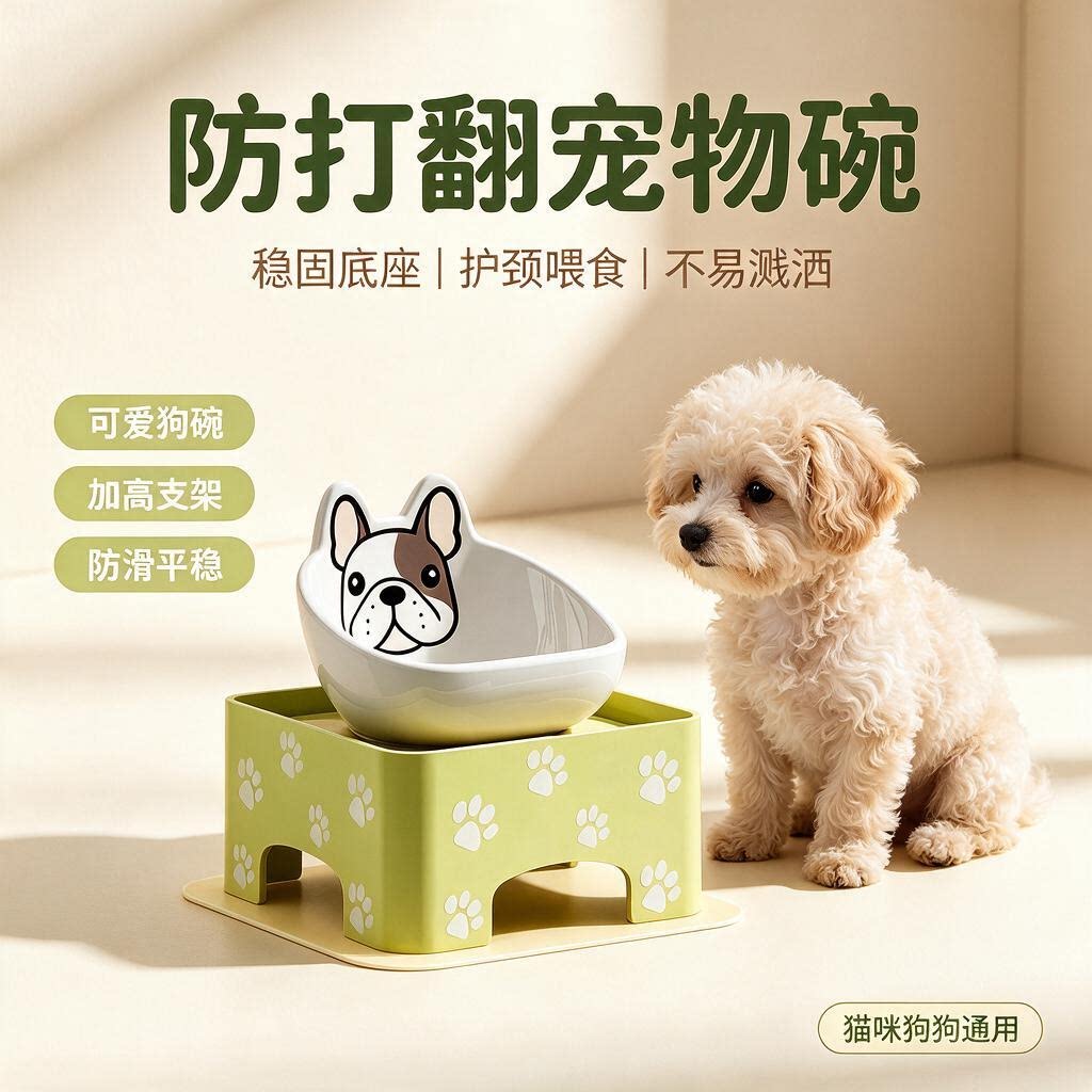 可调节陶瓷双层防滑防翻狗碗