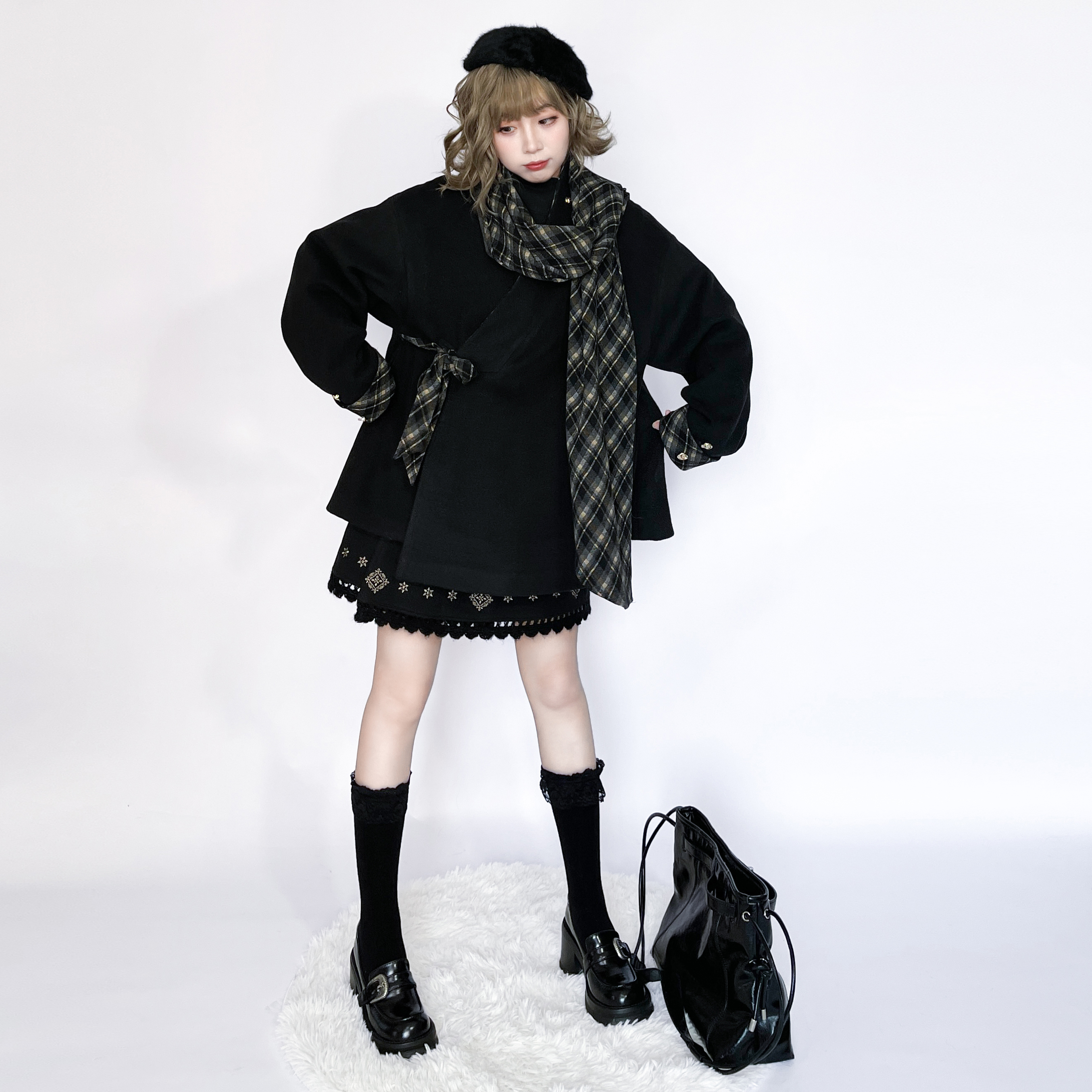 晋制毛呢大衣短裙格纹日常汉服