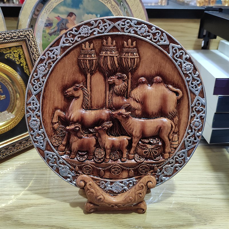 蒙古族特色摆件装饰品圆盘画彩色立体内蒙古工艺品草原旅游纪念品图片