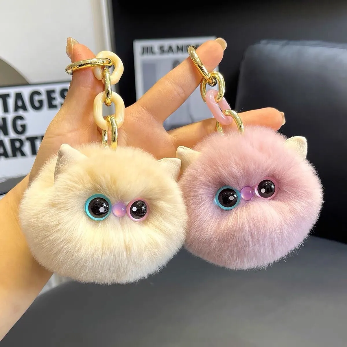 可爱獭兔毛异瞳小猫咪汽车钥匙扣挂件ins毛绒公仔玩偶书包包挂饰