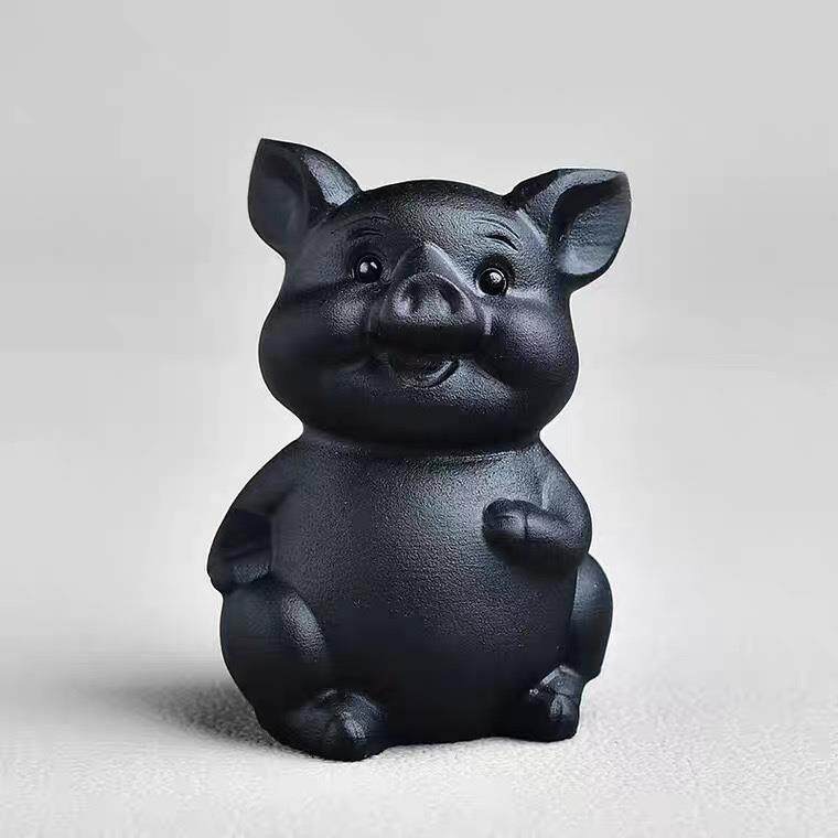 喜贝妮天然黑曜石生肖猪摆件原石雕刻饰品黑色猪虎年吉祥物