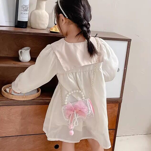 儿童包包女童甜美蝴蝶结小挎包珍珠链条公主风斜挎包拍照包零钱包