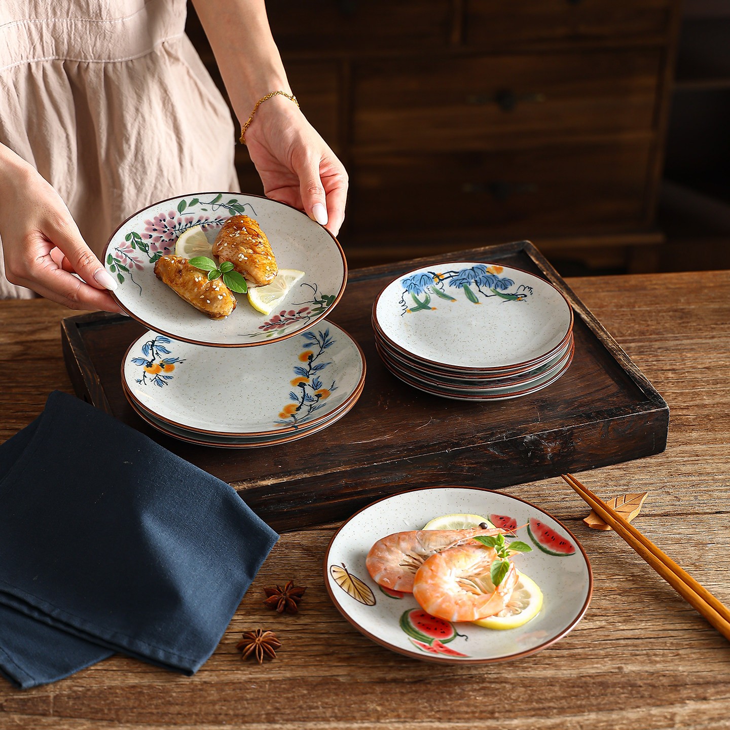 陶瓷复古圆碟早餐盘家用吐骨碟中式茶点零食乾果碟小吃碟点心盘子