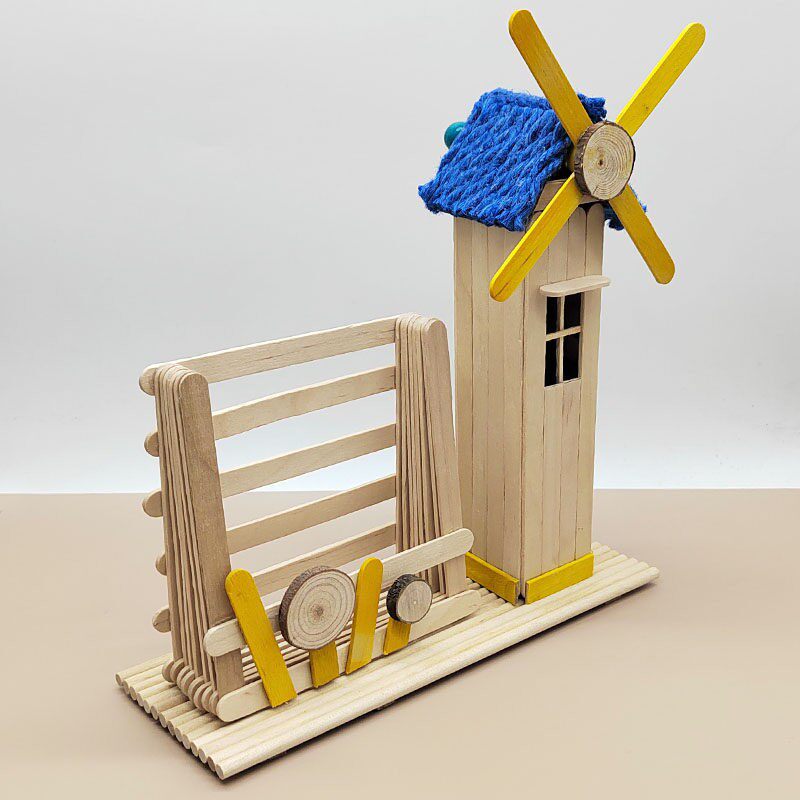 风车幼儿园手工雪糕棒儿童diy亲子玩具黄色笔桶冰棒棍模型材料包