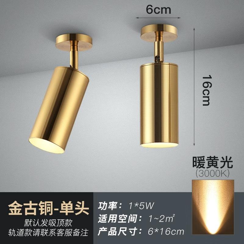 北欧轻奢黄铜金色射灯led灯客厅家用轨道明装吸顶免开孔小天花灯