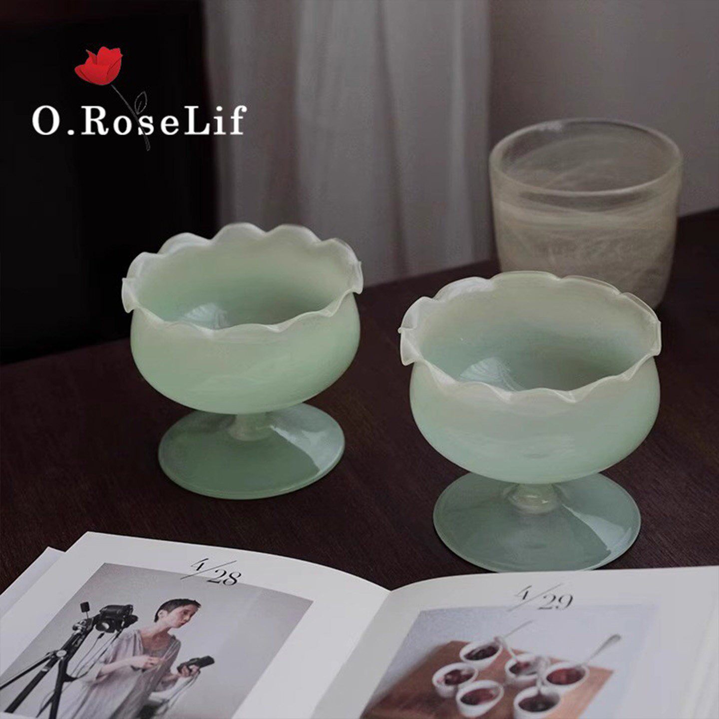 O.RoseLif 奶玉绿玻璃碗高颜值高脚燕麦甜品碗冰激淋酸奶水果沙拉