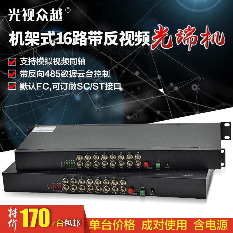 16路机架式纯影片光端机 16V1D带1路反向数据单多模单纤RS485一台
