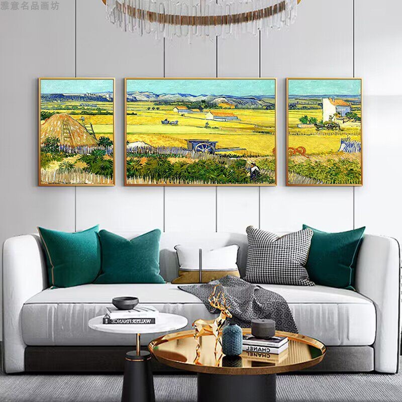 高端轻奢海景客厅装饰画沙发背景墙挂画现代有框画晶瓷风景三联画