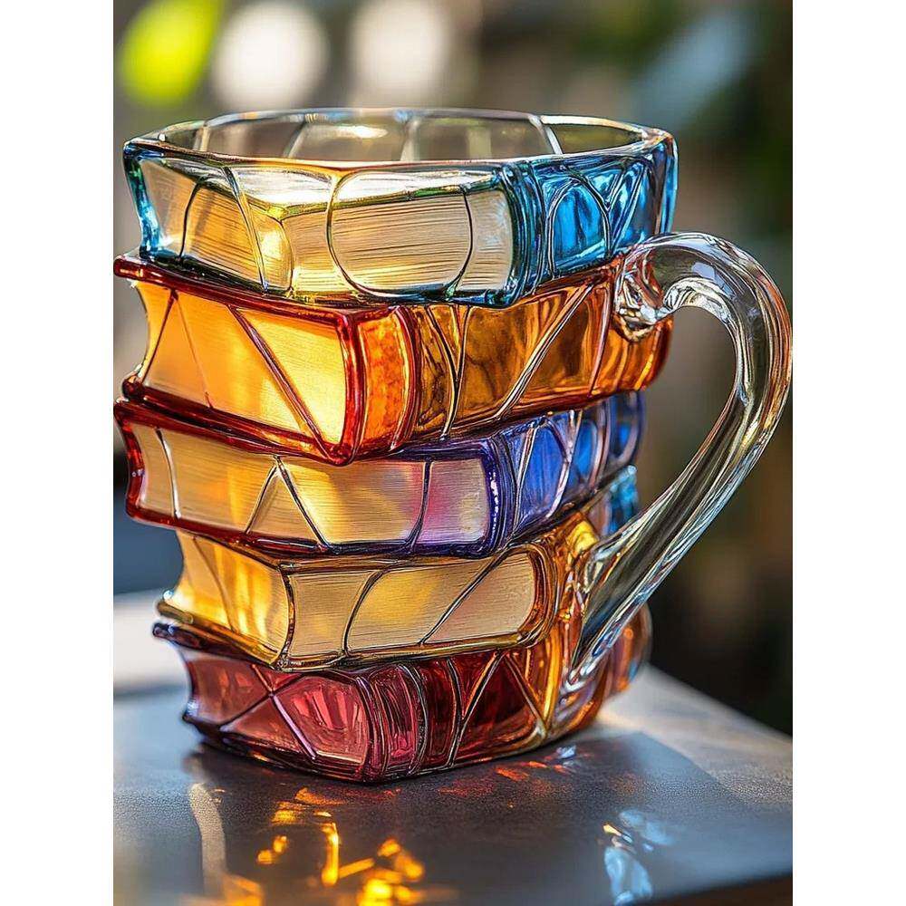 高硼硅玻璃水杯彩绘书本咖啡杯3D立体杯子堆叠马克杯耐高温牛奶杯