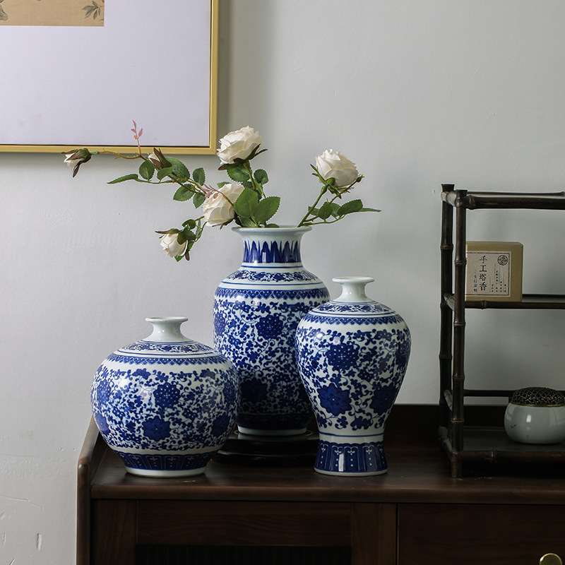 青花瓷仿古花瓶古典客厅插花家居软装样板房玄关电视酒柜摆件陶瓷