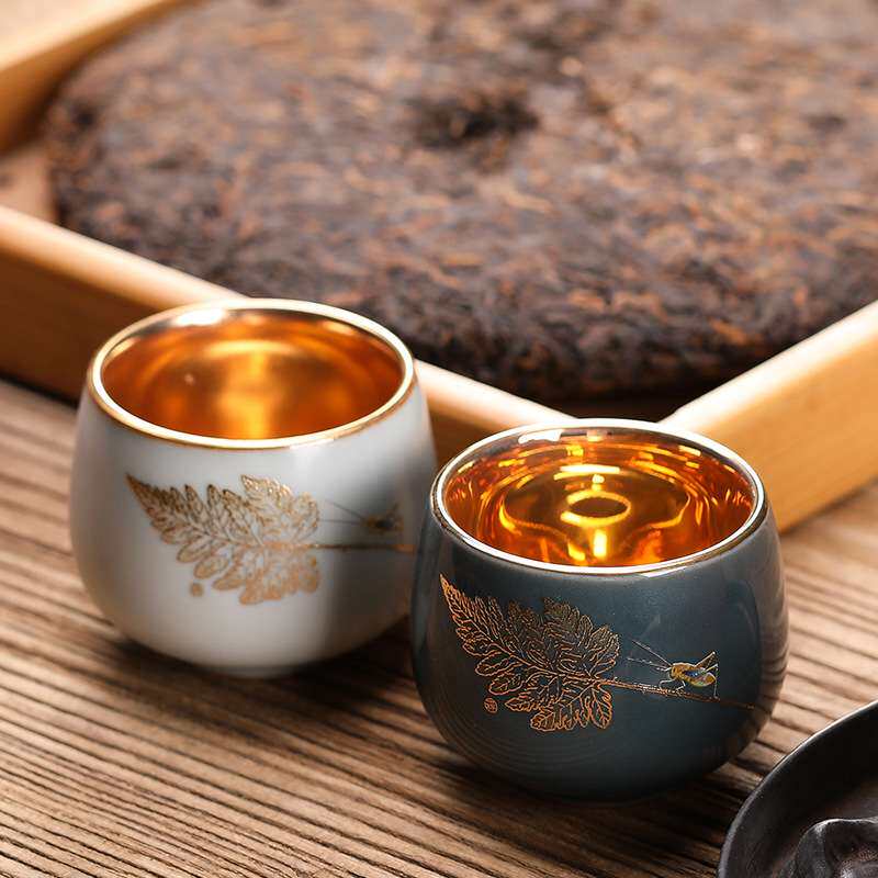 24k黄金盏汝窑茶杯主人杯单杯大号开片可养陶瓷品茗杯养生杯手绘