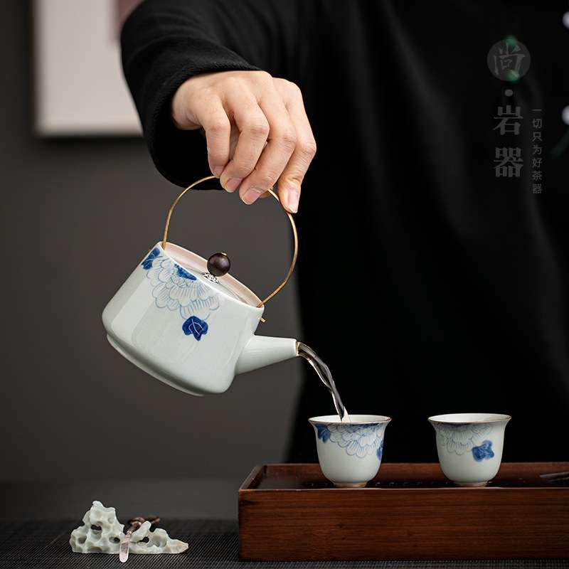 复古青花手绘提梁壶一壶二杯办公室会客泡茶套装茶壶茶杯茶盘整套