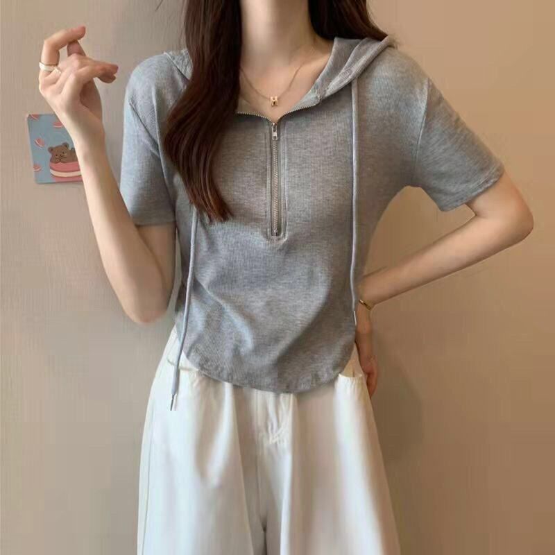 别致连帽不规则拉链短款女半洋气短袖新款欧货纯色女t恤上衣春夏