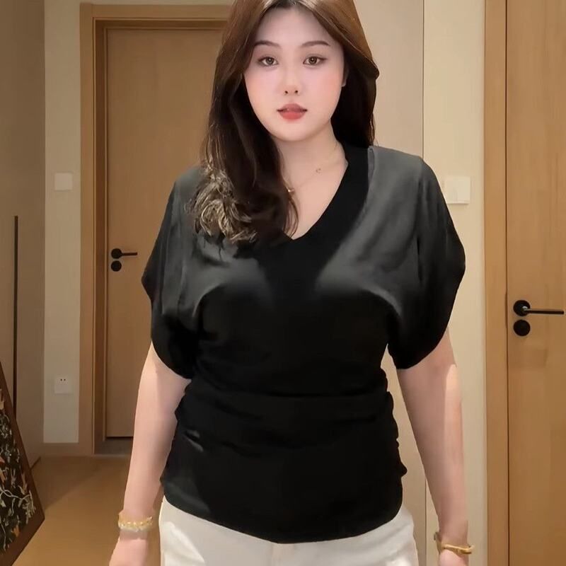 纯欲风MM感胖肚子深上衣收腰遮大码女蝙蝠袖V领T恤新款夏季
