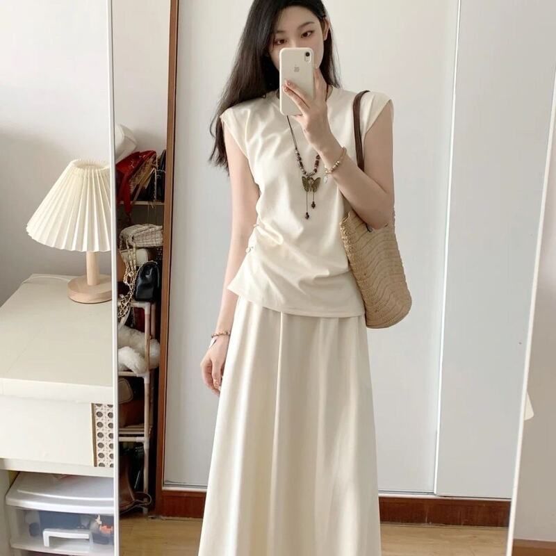 上衣搭盐系半身长裙一整套法式时尚女夏装套装搭配无袖穿裙两件套