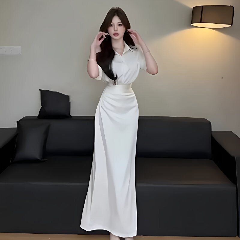 长袖半身裙翻领奢御衬衫黑色两件套秋季连衣裙收腰纯欲轻姐风女早