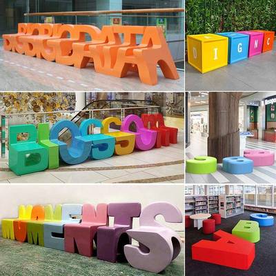 玻璃钢字母座椅户外公区休息坐凳商场景观园林公共创意异形休闲椅