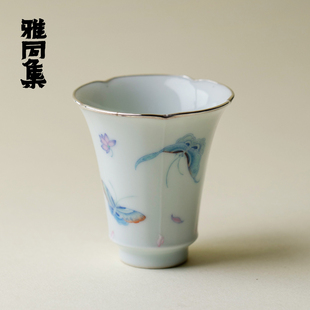 雅同集 青花手绘斗彩蝶恋花茶杯景德镇全手工包银口主人杯品茗杯