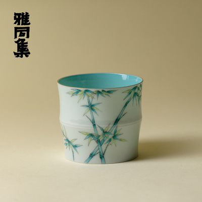 雅同集 松石绿地粉彩手绘竹竹节杯景德镇品茗杯精致功夫茶具茶杯