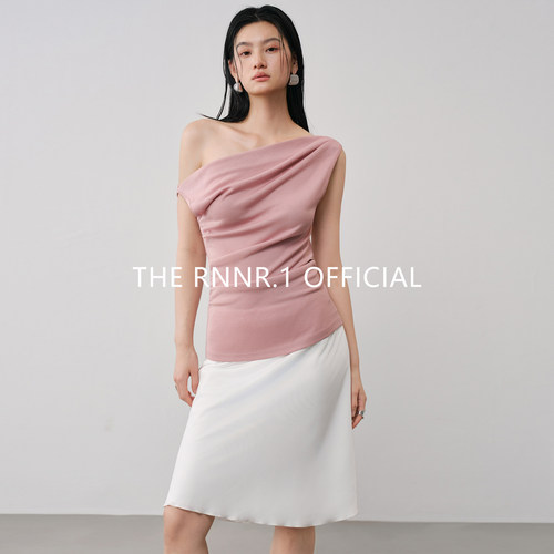 不对称荡领抽褶斜肩上衣