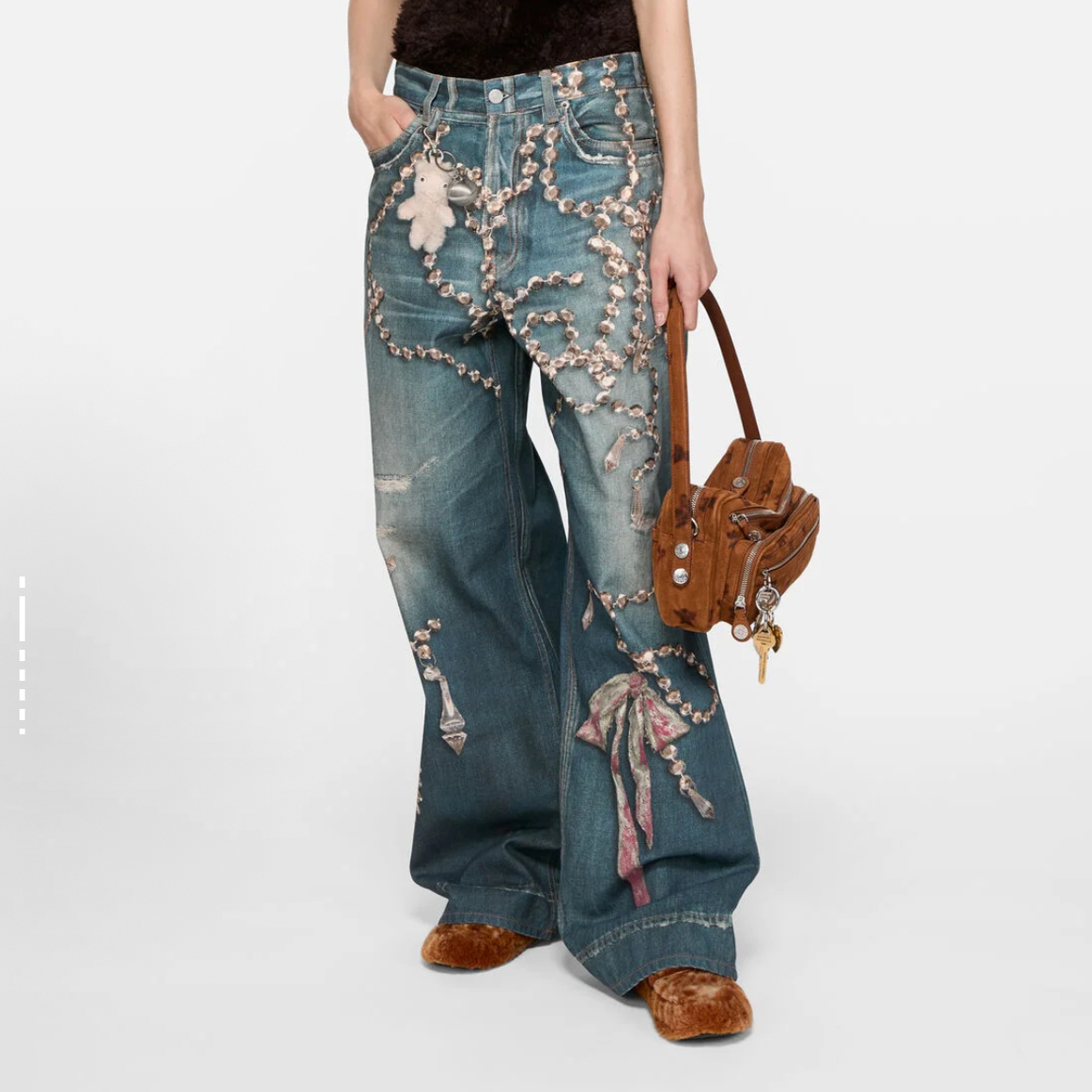 【Adam】25FW男女1981水晶蝴蝶结3D错视小熊印花低腰阔腿牛仔长裤