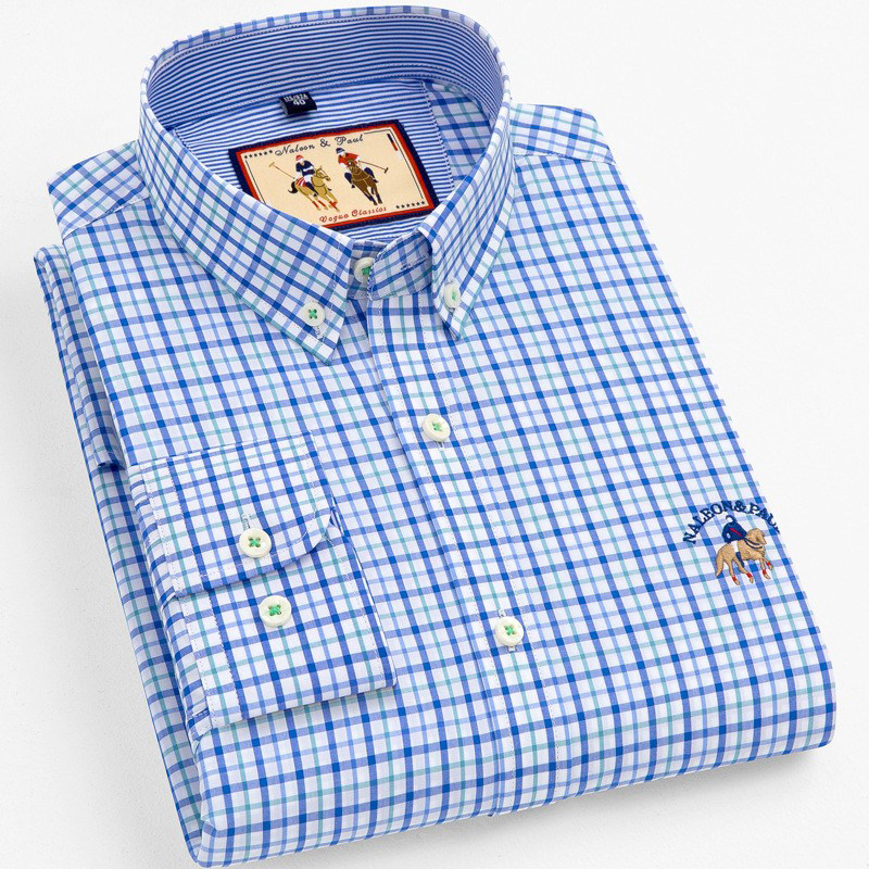 夏季保罗格子长袖衬衫男士春秋中青年商务休闲全棉衬衣格纹男薄款