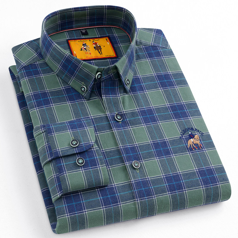 拿仑保罗纯棉磨毛格子长袖衬衫男士中青年商务休闲衬衣男装爸爸装