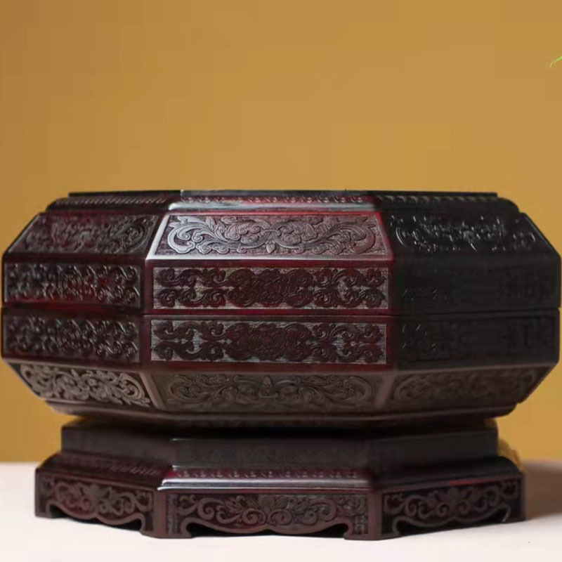 大红酸枝水果盘家用客厅桌上摆盘交趾黄檀干果盘带盖木雕五格果盘