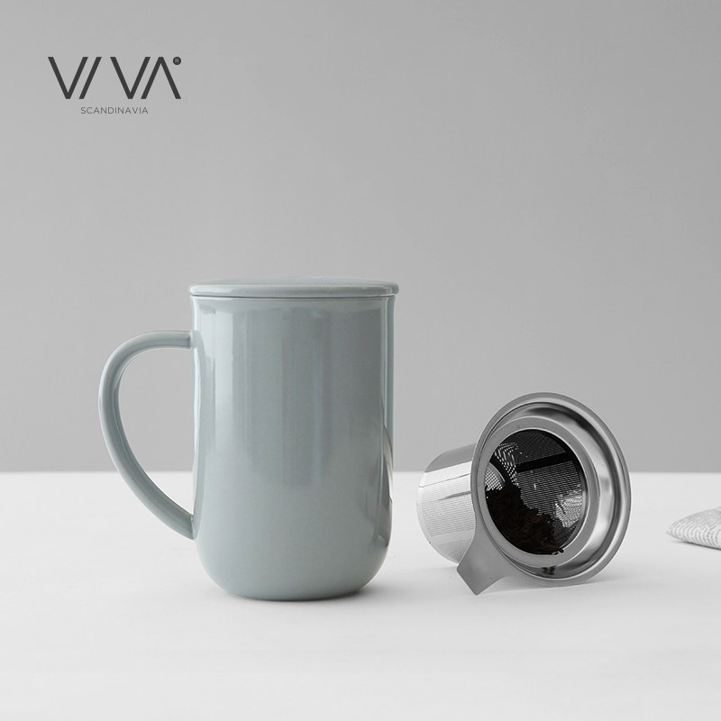 丹麦VIVA 极简系列陶瓷泡茶杯带盖带过滤器办公室男女款杯子500ml