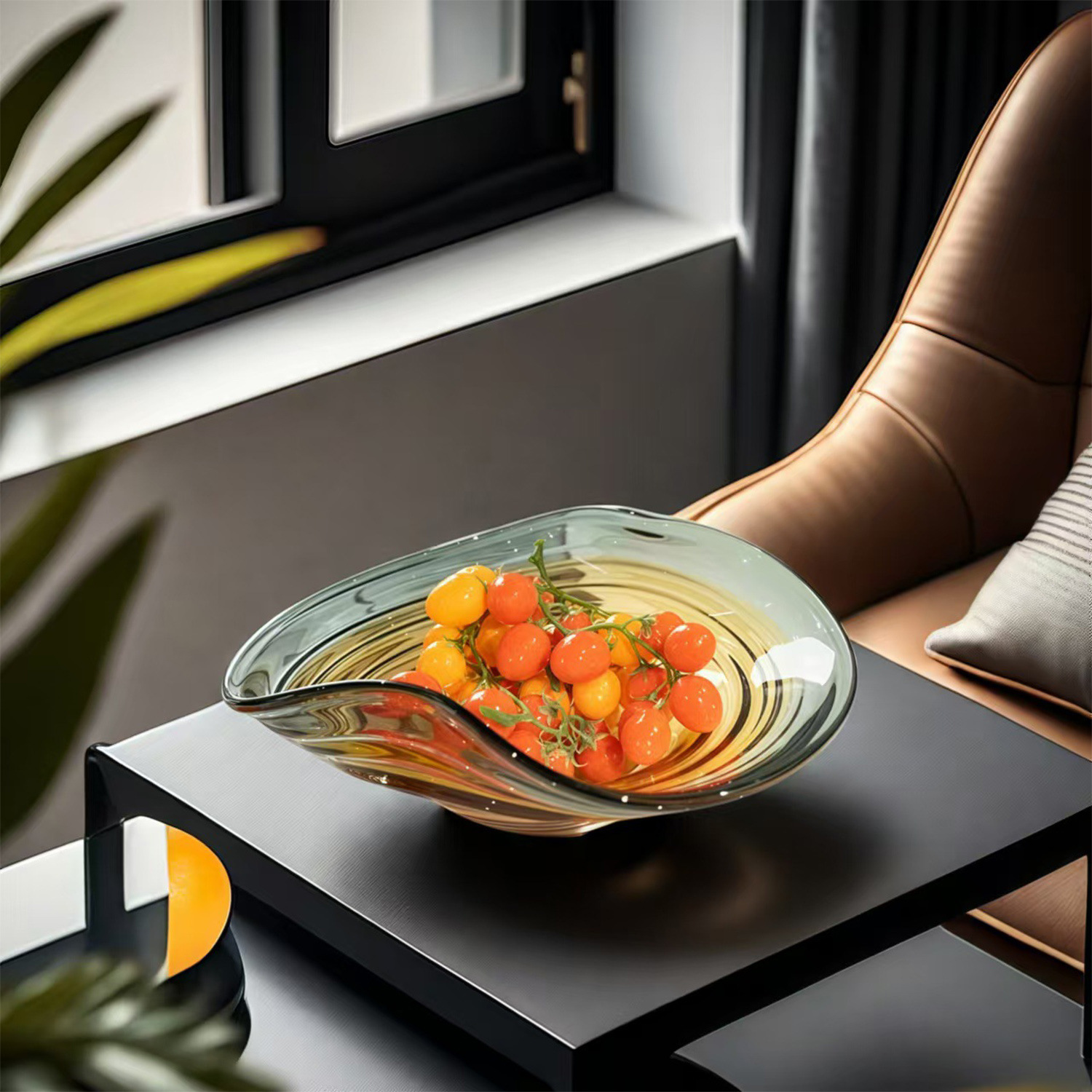 设计师款简约创意玻璃水果盘样板间客厅茶几餐桌面托盘装饰品摆件