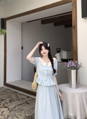 韩系甜美花边短袖衬衫+高腰半身裙减龄两件套时尚穿搭