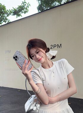 实拍 2026春夏钉珠装饰拼接下摆蕾丝花边短袖t恤女修身显瘦上衣