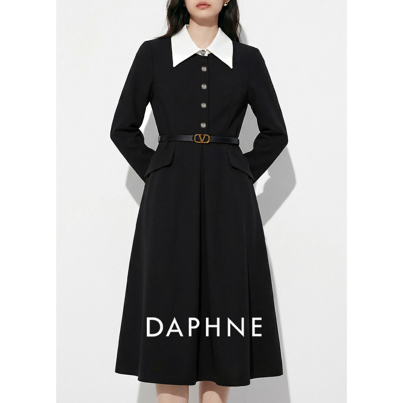 Daphne/达芙妮法式高级感半开襟A字裙女秋冬衬衫领气质显瘦连衣裙