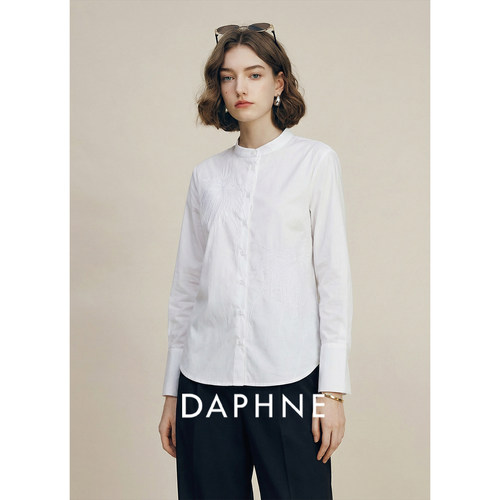 Daphne/达芙妮极简风白色立领长袖衬衫女通勤宽松气质廓形上衣