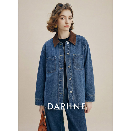 Daphne达芙妮匹马棉复古牛仔衬衫外套女2026秋装拼色翻领宽松上衣