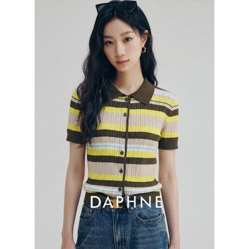 Daphne达芙妮匹马棉复古条纹POLO领短袖针织开衫女夏显瘦T恤上衣