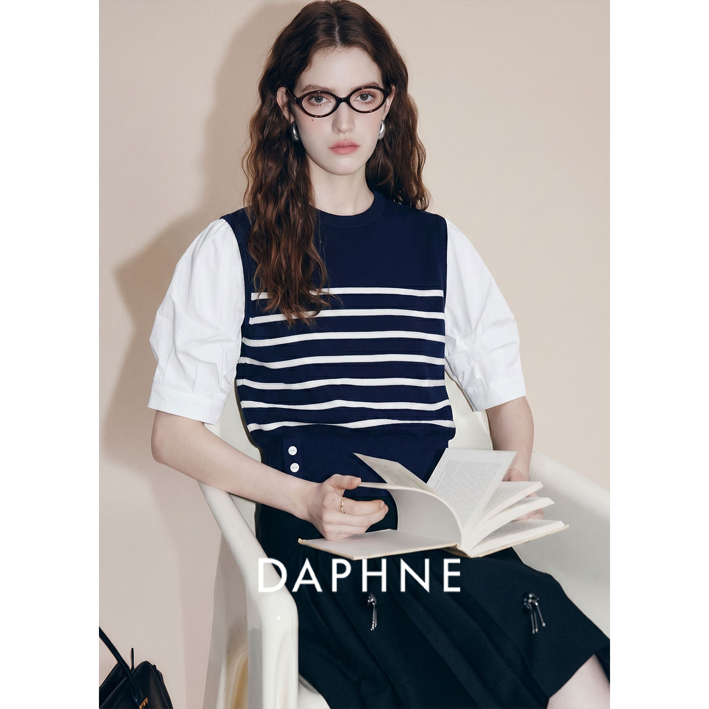 Daphne达芙妮通勤风条纹假两件冰丝短袖针织衫女夏季百搭显瘦上衣图片