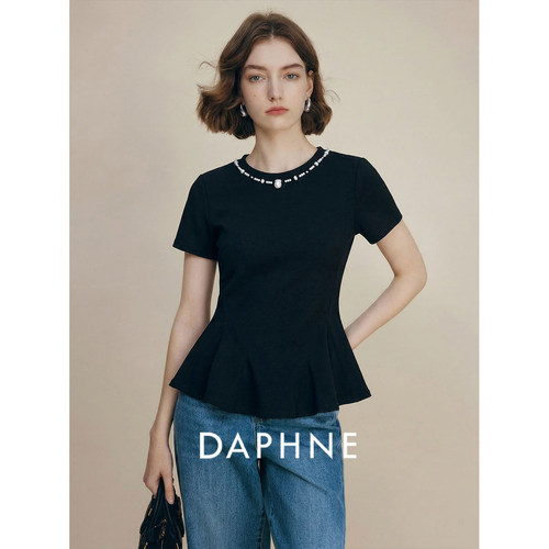 Daphne达芙妮天丝棉轻奢钉珠黑色短袖衬衫女夏荷叶边收腰显瘦上衣