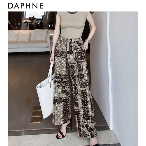 Daphne/达芙妮雨露麻小众印花26年夏季新款清凉宽松阔腿裤女裤子