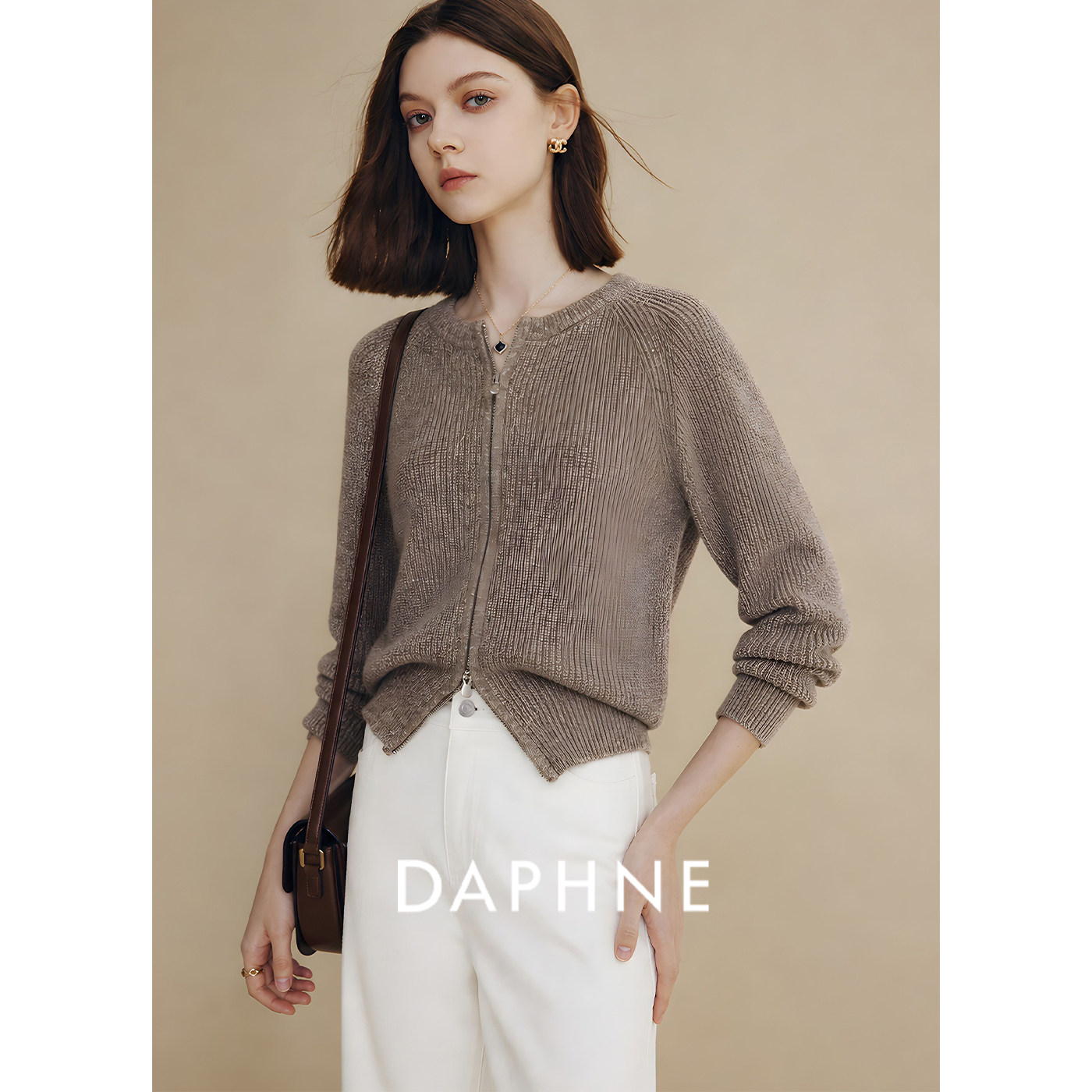 Daphne达芙妮优雅风山羊绒圆领拉链针织衫女秋季显瘦气质开衫毛衣