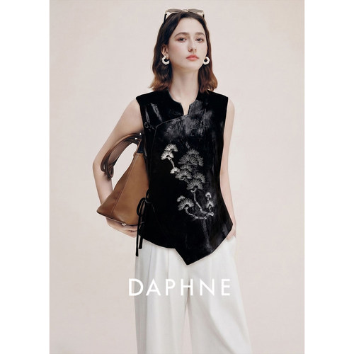 Daphne达芙妮真丝新中式丝绒马甲女夏季立领刺绣盘扣修身无袖背心